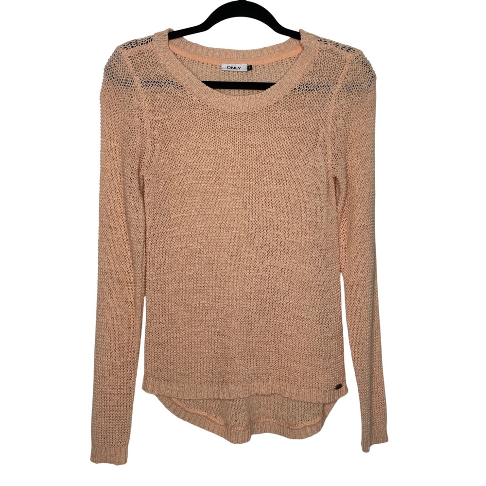 ONLY Sweater Womens Size S Peach Open Knit High-Low Hem Long Sleeve Crewneck‎